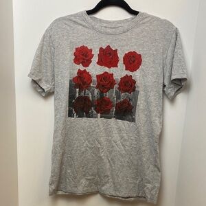 Mighty Fine Gray Tee with Red Rose Design